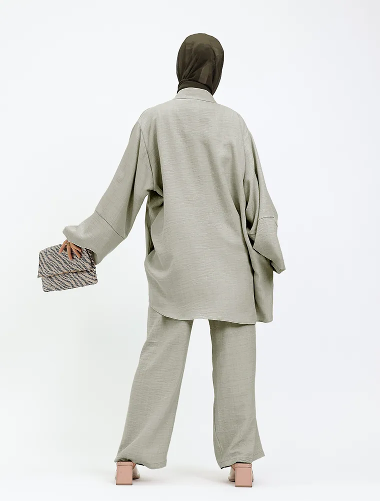 Khaki Linen Feel Button Detail Co Ord Set